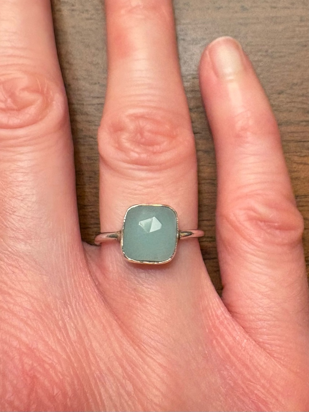 Aqua Blue Seafoam Chalcedony Sterling Silver Cushion-Cut Ring, Size 5